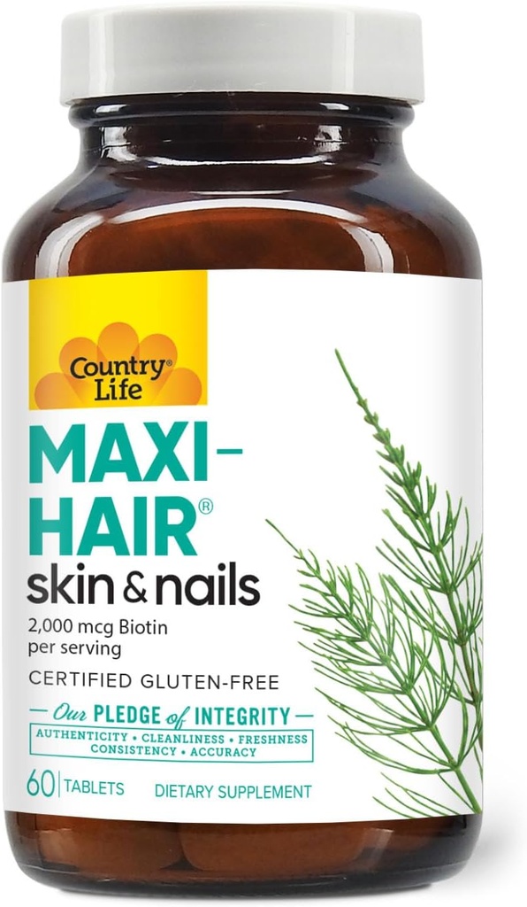 Country Life Maxi-Hair Suplemento - 2000mcg Biotina & Vitaminas para el cabello, piel " uñas - Certified Gluten-Free " Vegetarian - Apoya el crecimiento del cabello, 60 tabletas