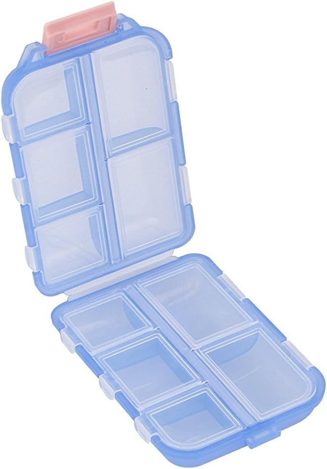 Pill Case - Caja de Contenedor de Tablet portátil con 10 Compartimientos - Medicamento Capsule Vitamina Foldable Organizador Almacenamiento de Contenedor para Viajes Pocket Purse - Clear Blue