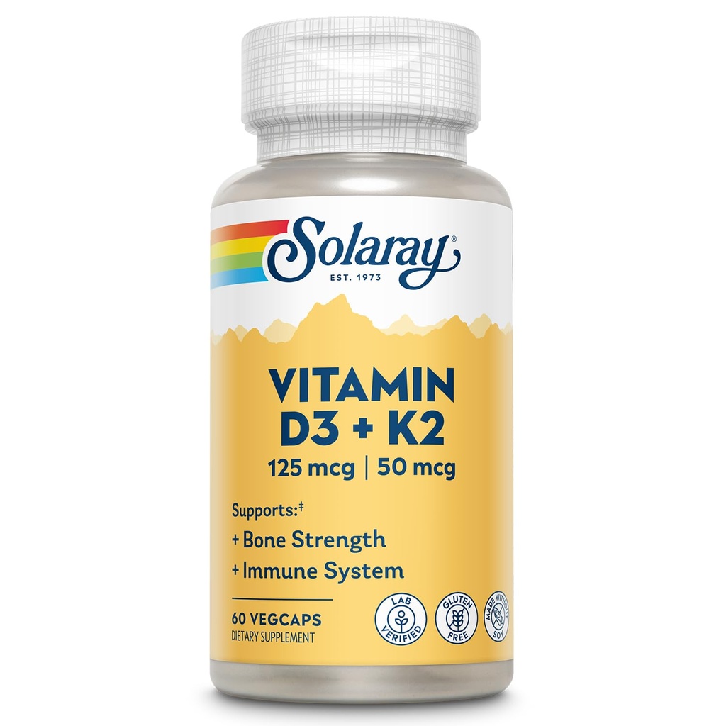 SOLARAY Vitamin D3 K2, K2 D3 Vitamin Supplement for Calcium Absorption, Bone Strength, Cardiovascular & Immune Function Support, Made Without Soy, 60-Day Guarantee, 60 Servings, 60 VegCaps