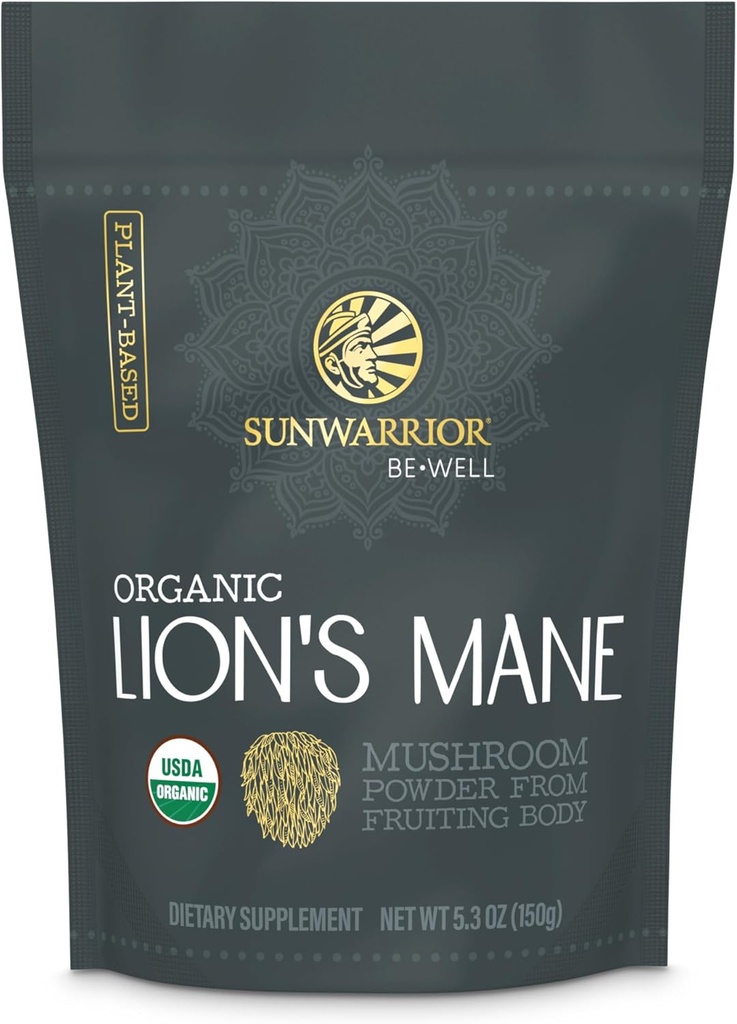 Sunwarrior Lions Mane Suplemento Orgánica Mushroom Powder ← Mane Mane Powder de León Suplemento Mushroom Tea ← 150g Pouch 60 Servings ← Be Well