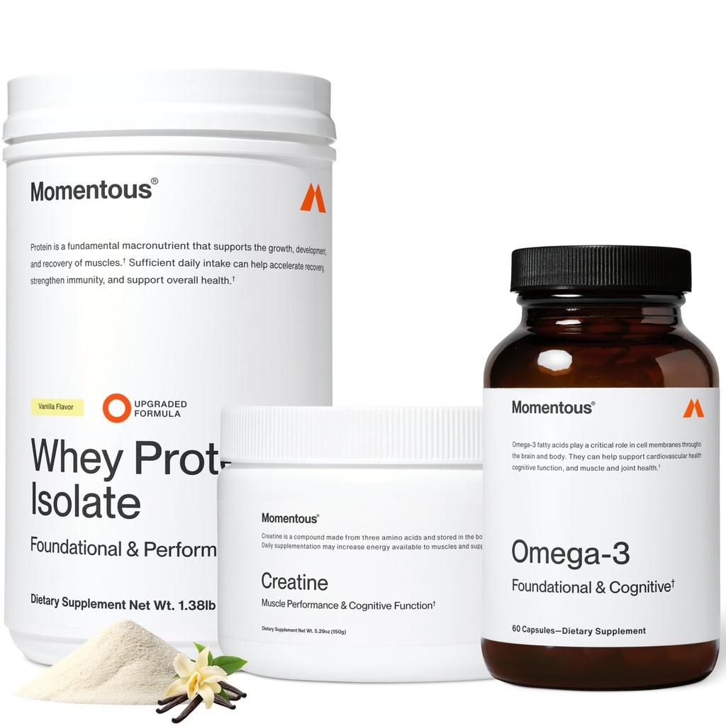 Tres Momentosos - Polvo de Monohidratos de Creatina (30 Servimientos), Polvo de Proteína de Grass (Vanilla) & Petróleo de Pesca Omega-3 1600mg - Esenciales diarios para la fuerza, rendimiento &amp; recuperación del músculo magro
