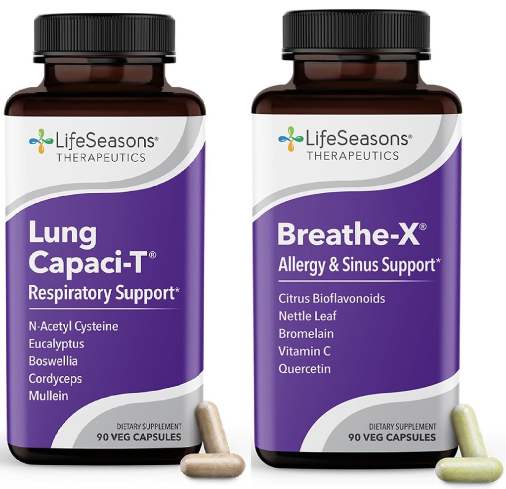 LifeSeasons Breathe-X with Lung Capaci-T - Alergía & Respiratory Support - Fast Acting Sinus Relief - Aumento de la capacidad de oxígeno " Reduce Mucus - 180 cápsulas