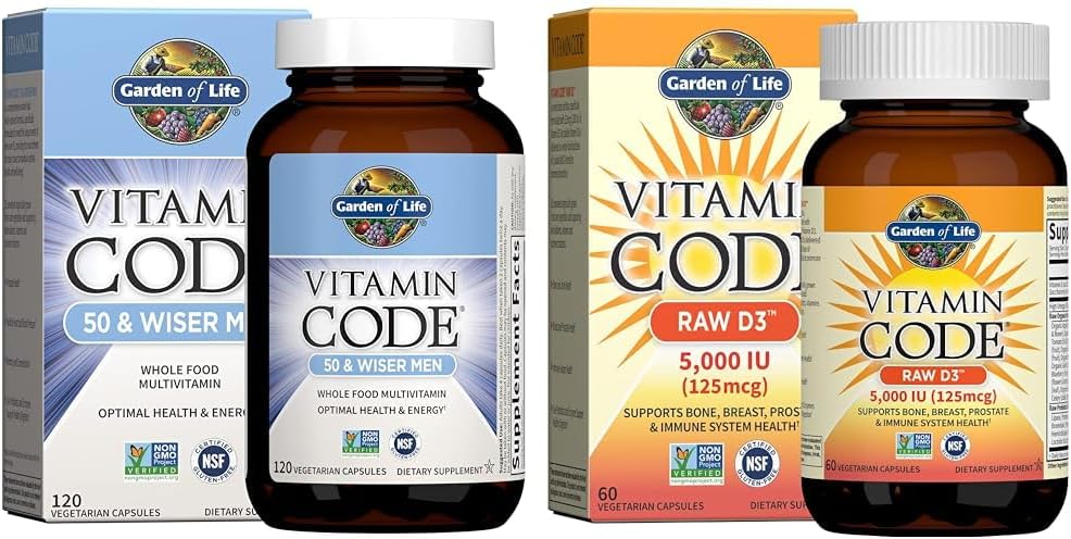 Jardín de la vida Los hombres 50 & Wiser Raw Whole Food Multivitamin, Vitamina D3 5,000 UI & Vitamina Code Raw Vitaminas Bundle