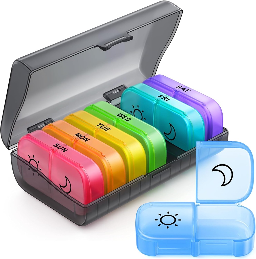 ZIKEE Organizador semanal de píldoras 2 veces al día con el diseño de apertura del mismo permiso, AM PM Pill Box 7 Día con 7 casos de píldoras desmontables para viajar, gran portador de píldoras para medicamentos, vitaminas y aceites de pescado
