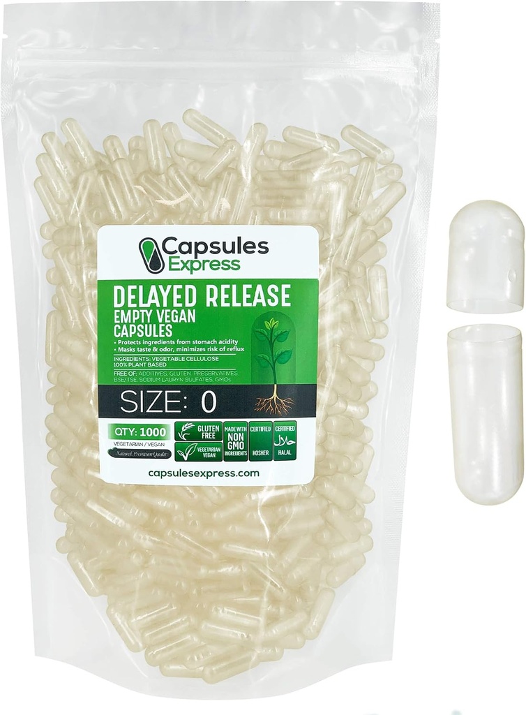 XPRS Nutra Delayed Release Size 0 Empty Capsules - 1000 Count Clear Empty Vegan Capsules - Vegetarian Pills - DIY Relleno de cápsulas vegetales - Cápsulas de gel de verduras para suplementos Do-It-youself