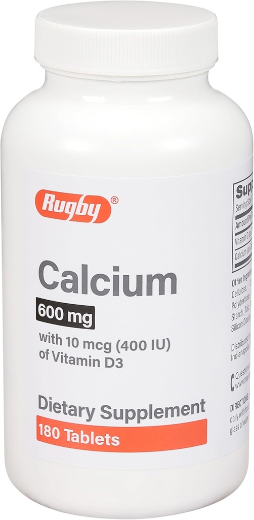 Rugby 600mg Calcio Tabletas - Hecho con 10mcg (400IU) de vitamina D3 - Suplemento dietético - 180 Cuenta (1 Pack)