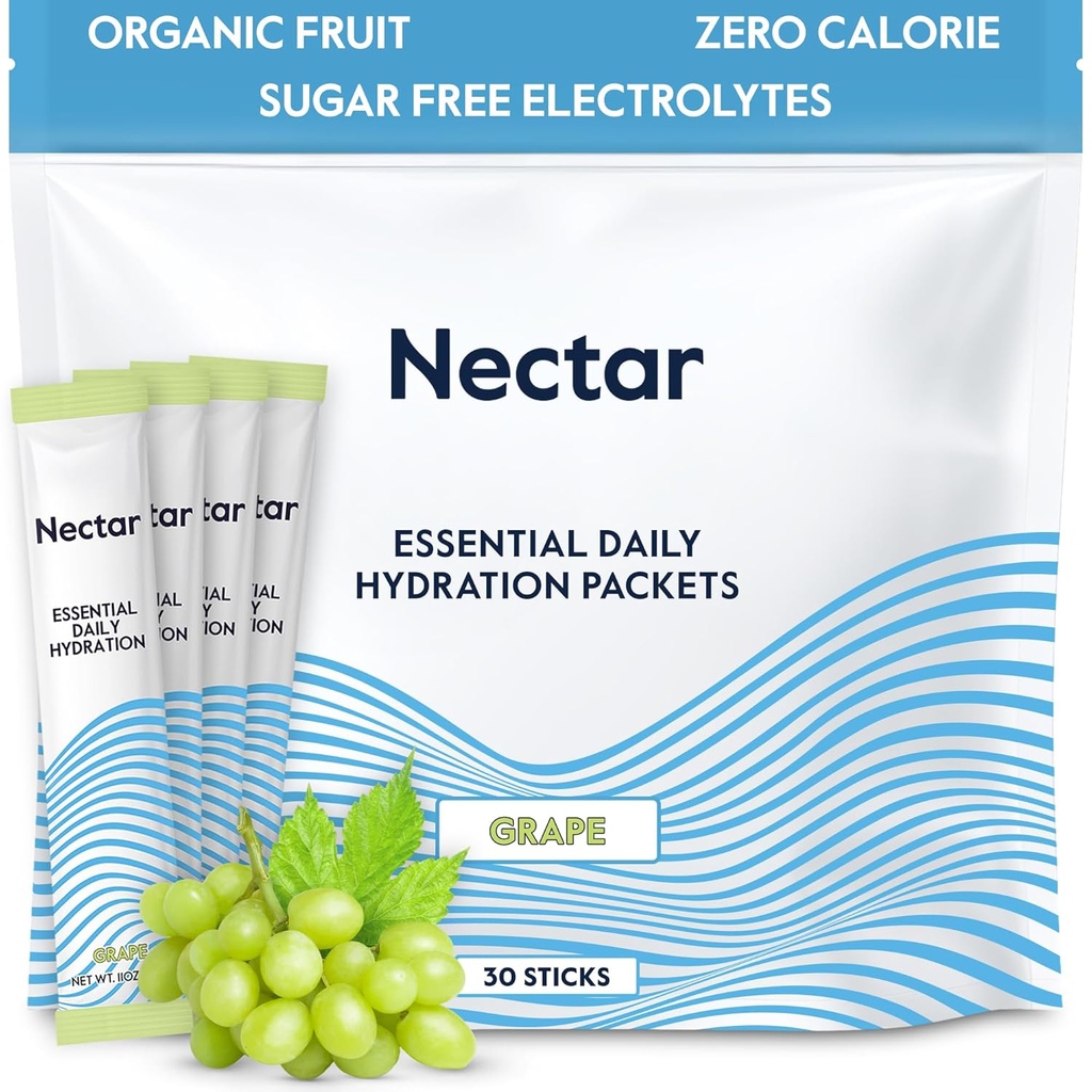Embalajes de hidratación Nectar - Electrolitos Embalajes de polvo - Sugar Gratis > 0 Calorie - Fruto orgánico Líquido diariamente IV Hidrata para Alivio de Dehidratación & Rehidratación Rápida (Grape 30 Pack)