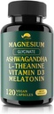 Magnesio Ashwagandha Suplemento,Glycinate de magnesio,Melatonina,L-Theanine Plus Vitamin D3,Gluten Gratis,120 cápsulas