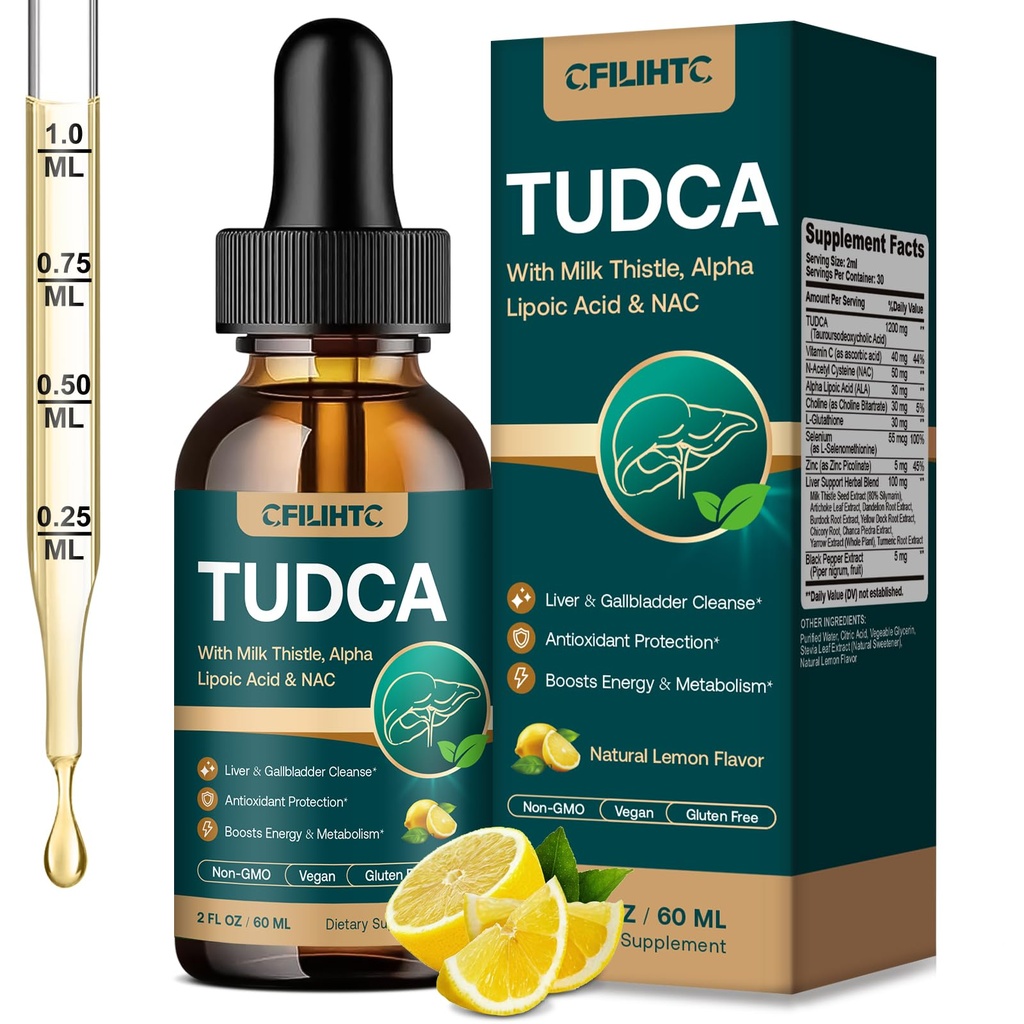 TUDCA Bile Salts 1200mg Liquid Drops - Advanced Tudca Liver Supplement with ALA, NAC & Glutathione for Bile Flow, Gallbladder Health & Antioxidant Defense, High-Absorption, Lemon 2 fl oz
