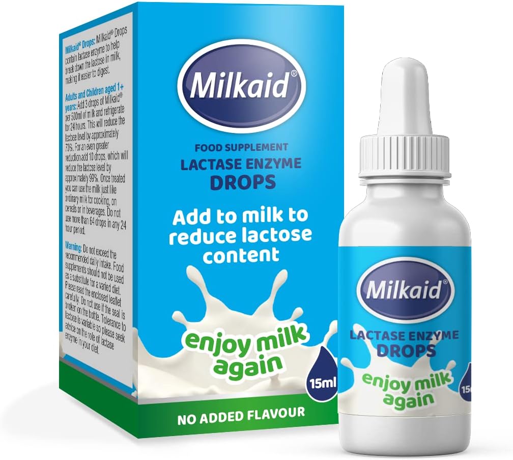 Milkaid Lactase Enzyme Drops for Lactose Intolerance ¦ Prevents Gas, Bloating & Diarrhea Silencio Fast Acting Dairy Digestive Suplemento Silencio Gluten Gratis & Vegetarian Silencio No Artificial Flavor Silencio 0,5 Fl Oz (1)