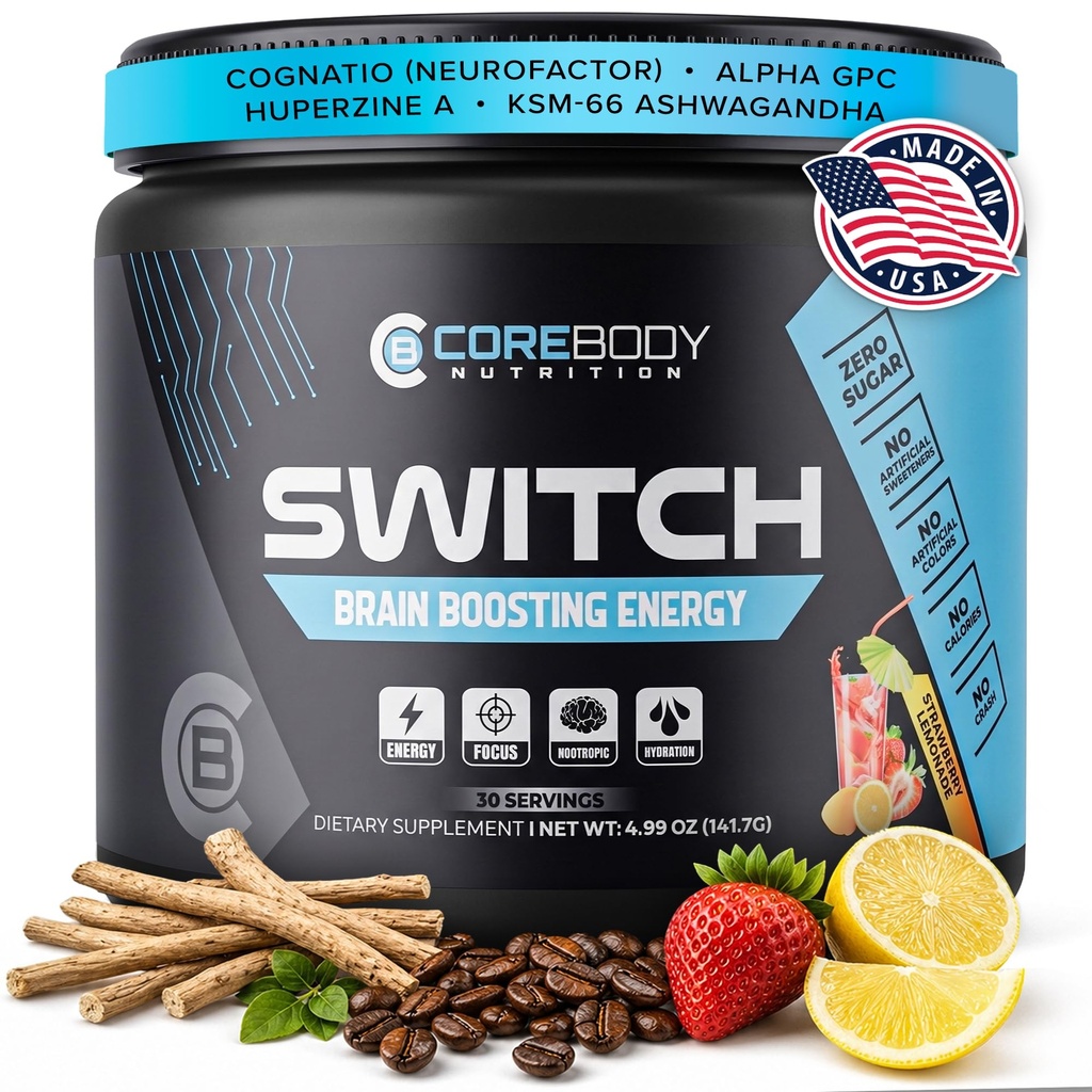 Switch, Brain Boosting Nootropic Energy Supplement Powder - Made in USA - Alpha GPC, NALT, Ashwagandha, Sugar Free Energy, Keto, Increment Mental Focus &amp; Cognitive Function, Enhances Mood & Memory