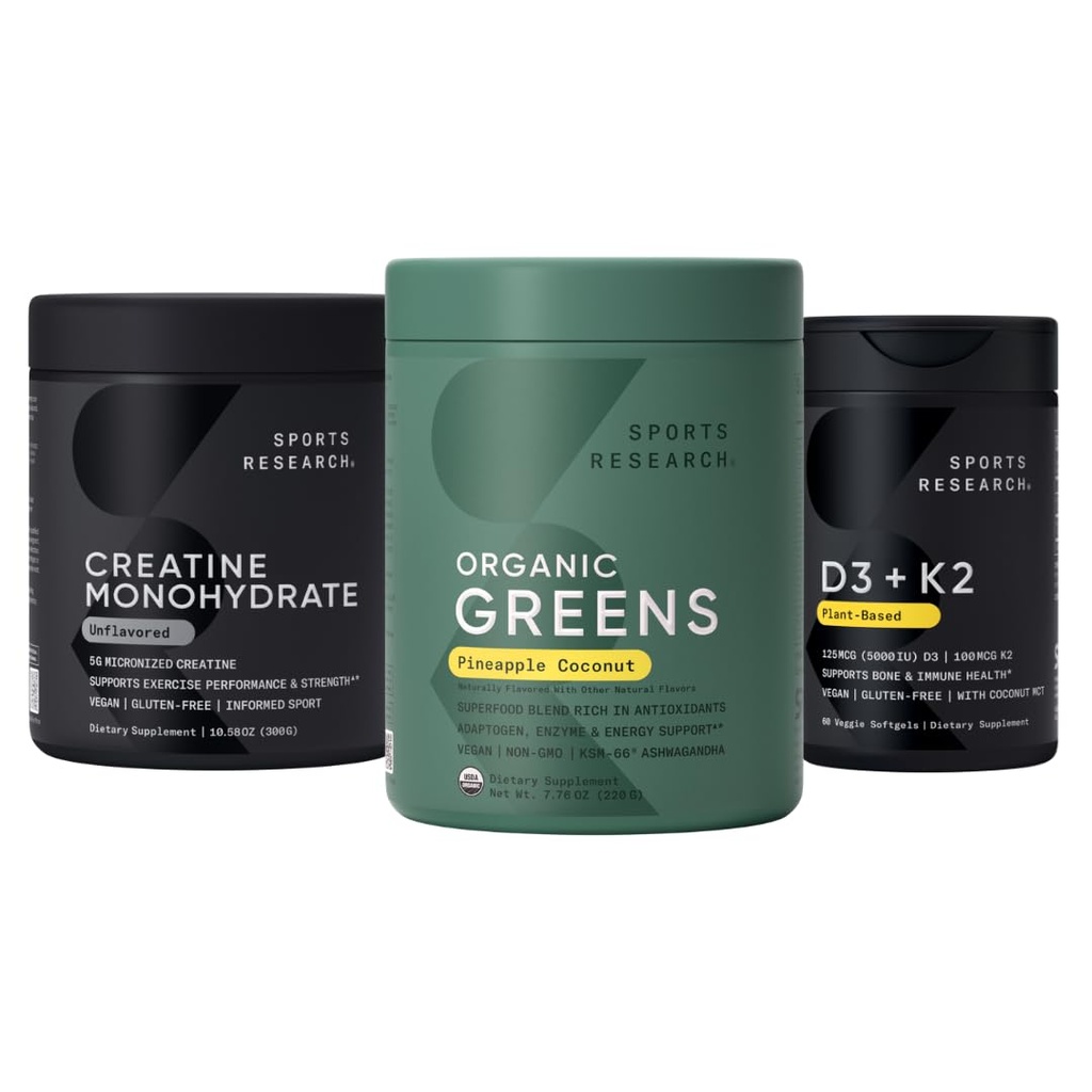 Sports Research® Organic Pineapple Coconut Greens, Creatine Monohydrate & Vitamin D3 5000iu + Vitamin K2 100mg