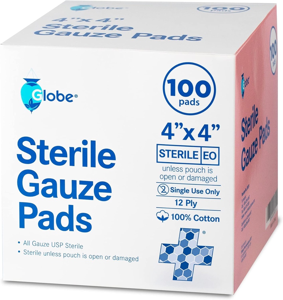 Globe 4’’ x 4" Paletas avanzadas de gaucho estéril para vestidos de sabueso involuntario 100-pack, individualmente empaquetados Ø 12-Ply Cotton & Highly Absorbent habit Advanced Gauze Sponge-Pads for Wound Care & Home Kits de primeros auxilios (4 x 4)