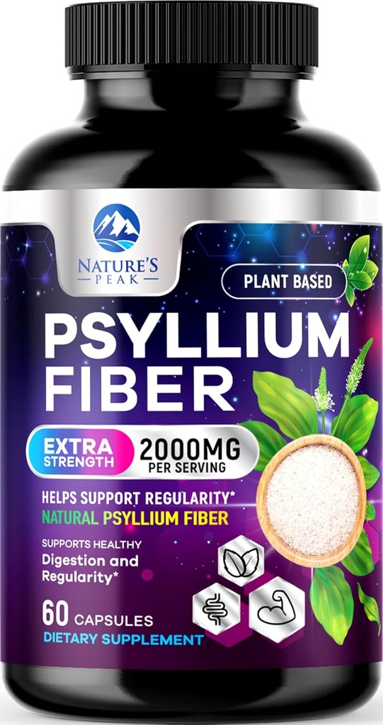 Psyllium Husk Fiber Supplement 1500mg - Vegan Prebiotic, Soluble Fiber for Daily Digestive Health & Regularity Support, Natural Psyllium Powder Caps, Sugar-Free, Non-Gluten-Free - 60 cápsulas