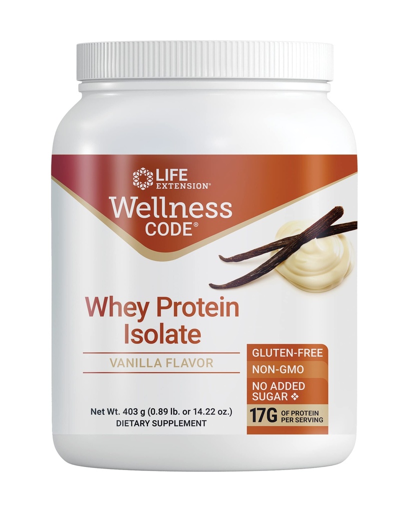 Life Extension Wellness Code® Whey Protein Isolate (Vanilla), Protein and branched-Chain Amino acids for Muscle Growth & Immune Health, no Sugar Added, Gluten Free, Non-GMO, 403 Grams (20 Servings)
