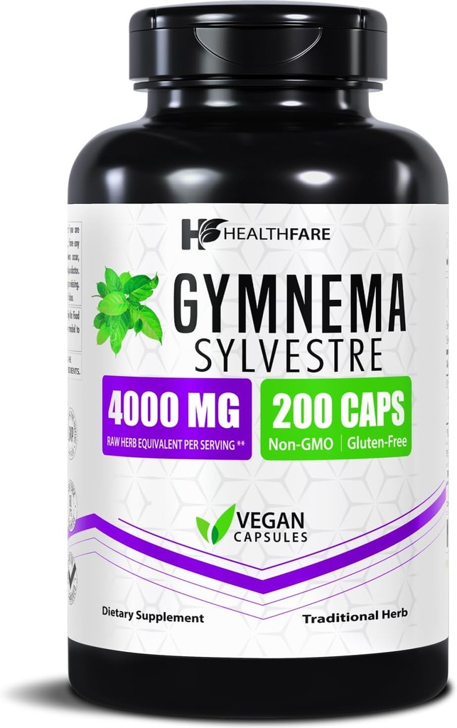 Gymnema Sylvestre Suplemento Extracto 4000mg Ø 200 cápsulas veganos Ø Suplemento herbal estandarizado para equilibrio metabólico " soporte de carbohidratos Silencioso no GMO, libre de gluten