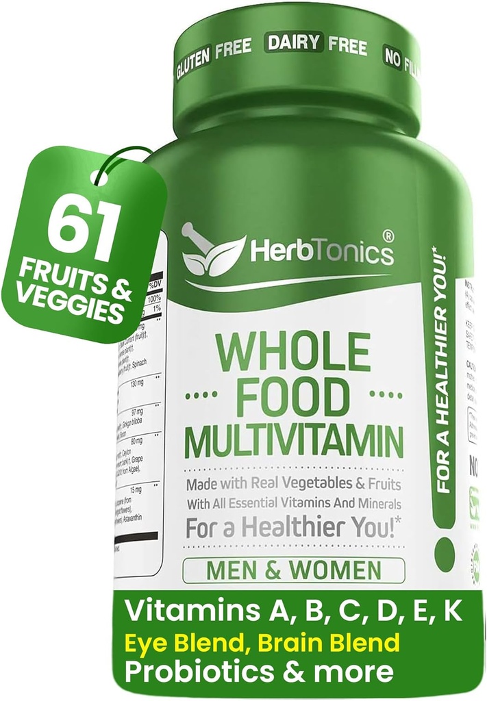 Herbtonics Whole Food Multivitamin for Men & Women – Vegan Multivitamin with Real Fruits " Veggies, Probiotics, CoQ10, Turmeric " Más – 60 cápsulas