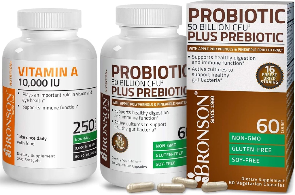 Probiótico 50 billón CFU + Prebiótico con polifenoles de Apple Extracto de frutas + vitamina A 10.000 UI Premium No GMO Formula