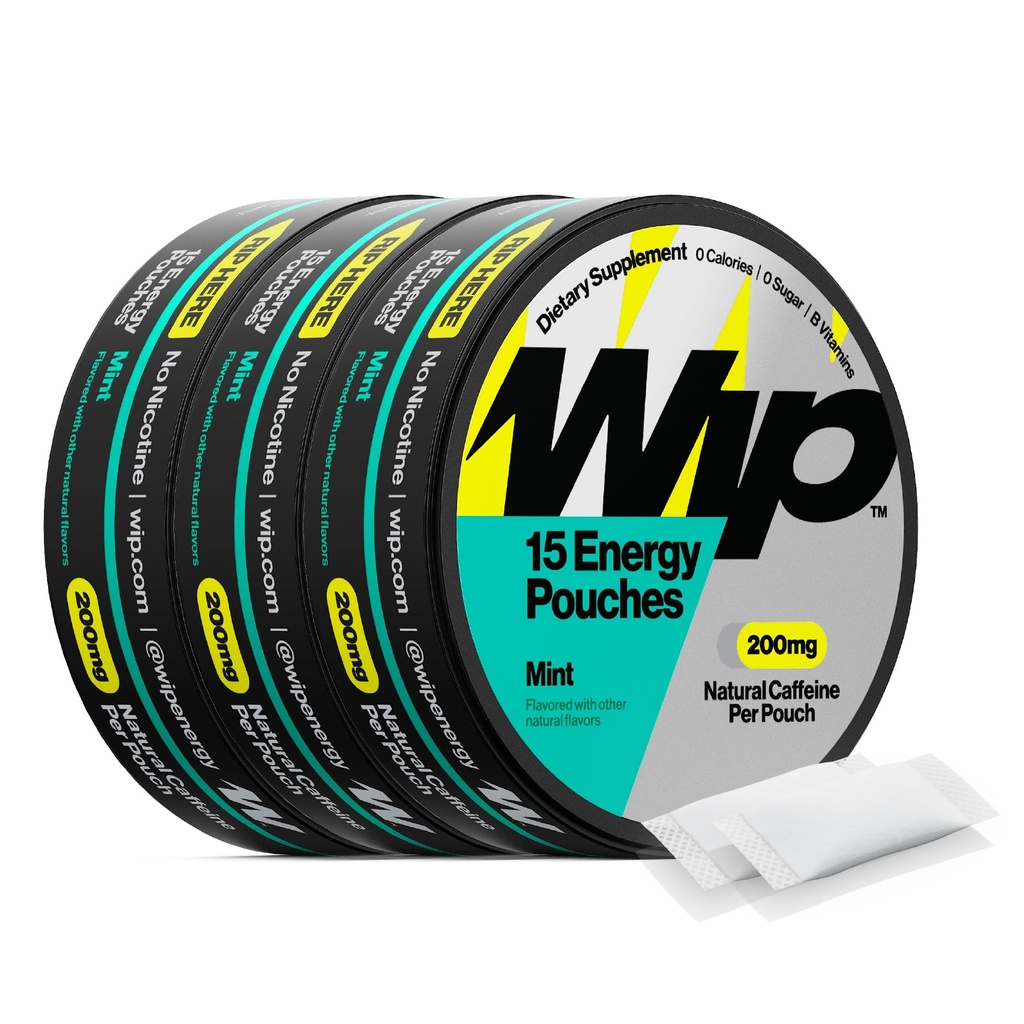 Wip Energy Pouches, Sugar Free Blend with 200 MG Natural Caffeine, B Vitaminas, Minerales &amp; L Theanine for Energy Support, Pre Workout for Active Lifestyles, Mint, 3 Cans, 15 Pouches per cans