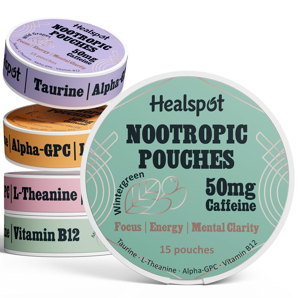 Nootropic Caffeine Pouches, Energy Pouches with 50mg Caffeine TEN Taurine TEN Vitamin B12 ANTE Alpha-GPC ANTE L-Theanine, Focus and Energy Supplements Variety Packs 5 Flavors