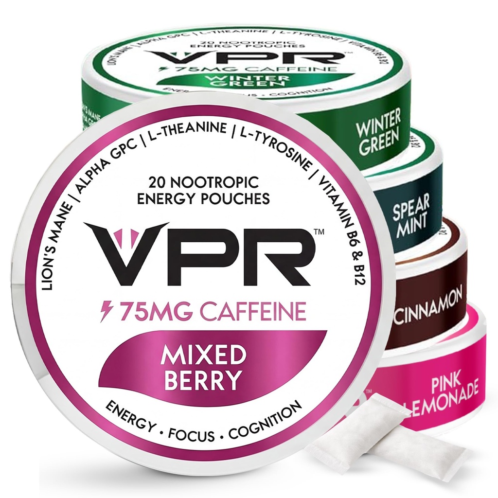 VPR 75mg Caffeine Nootropic Pouches ← 20 Cuenta Energy Pouches with Lion's Mane, Alpha-GPC, Vitamina B6 &amp; B12, L-Theanine, and L-Tyrosine tención Naturalmente Flavored Focus Pouches with No Sugar ← Variety Pack