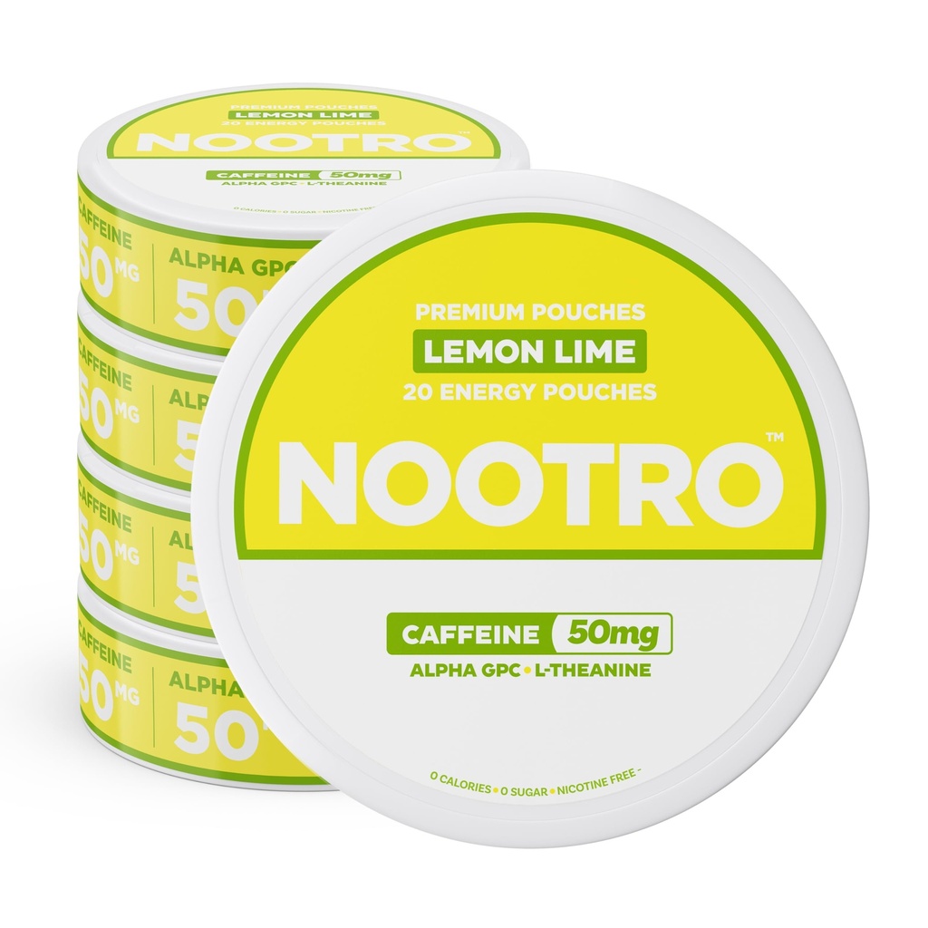 Nootro Caffeine Nootropic Pouches (Límon Lime) - Pouches de energía con 50 mg de cafeína, 50mg Alpha GPC, 50mg L-Theanine sin azúcar y sin calorías - 20 Pouches Por Can - 5 Pack