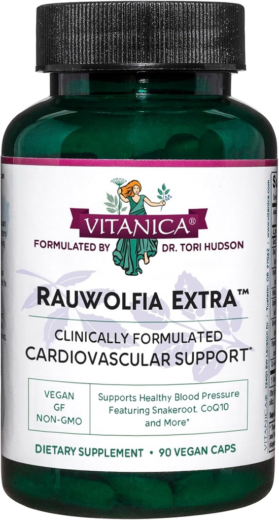 Vitanica Rauwolfia Extra - Suplemento de salud cardíaca - Apoyo a la presión arterial Ya dentro de un rango saludable - Suplemento con Magnesio, CoQ10 & Snakeroot - 90 cápsulas veganos