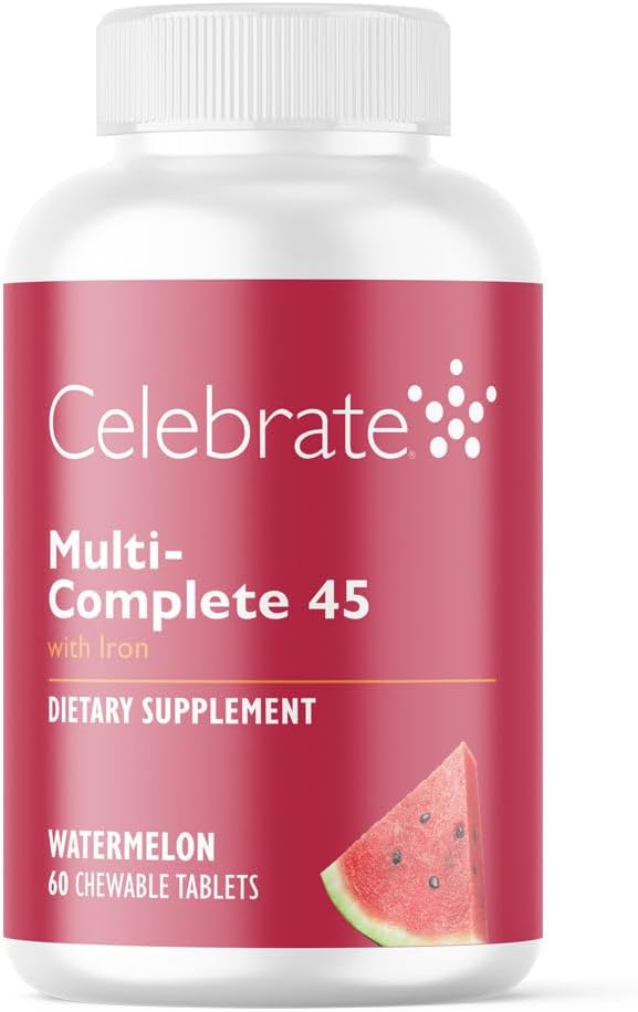 Celebrar Vitaminas Multi-Completa Chewables, 45 mg de Hierro – Multivitaminas Bariatrices diarias para Cirugía de Gastrectomía y Bypaso gástrico Pacientes – Vitaminas esenciales y minerales - Melón (60 Tabletas)