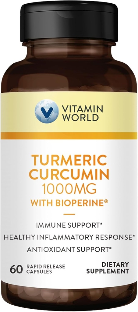 Vitamina World Turmeric Curcumin 1000mg, BioPerine Black Pepper Extract for Better Absorption, 95% Curcuminoides, Suplemento Turmérico para Antioxidante & Soporte Conjunto, Sin gluten, 60 cápsulas