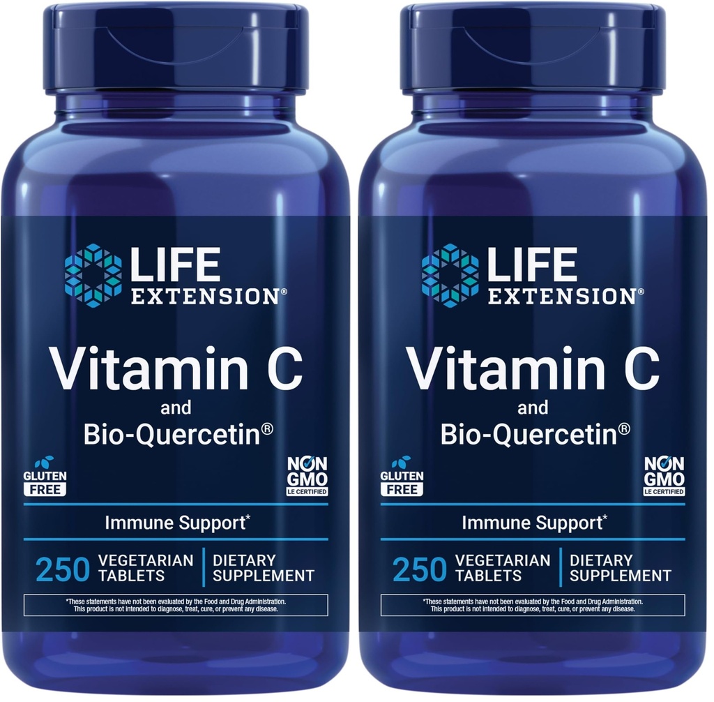 Extensión de la vida Vitamina C y Bio-Quercetin®,Suplemento de salud cardiovascular,Apoyo inmunológico, Alta absorción,quercetina,Vitamin C,Gluten Gratis,No-GMO,Vegetariano,250 Tabletas,(Pack of 2)
