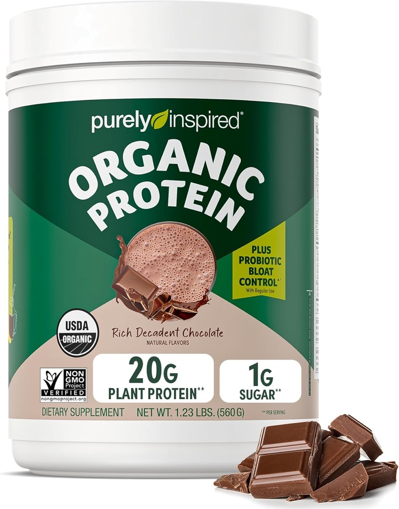 Polvo de proteína puramente inspirado en plantas para hombres y mujeres, Chocolate rico decadente (16 servidos) - Vegan & Organic - 20g de Pea Protein Powder para smoothies & Shakes - Sin lácteos, & sin gluten