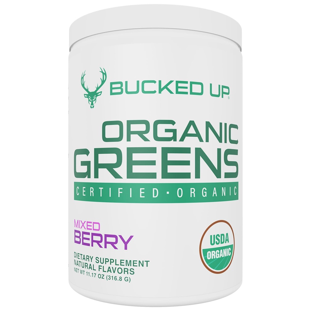 Greens Superfood Powder Mixed Berry ← 8 Los Verdes Mezclados Más Esenciales TEN Certified 100% Orgánica TEN Chlorella, Spinach, Kale, Spirulina, Alfalfa, Broccoli, Wheat Grass, " Barley Grass TEN 30 SERV TEN 11.17 OZ