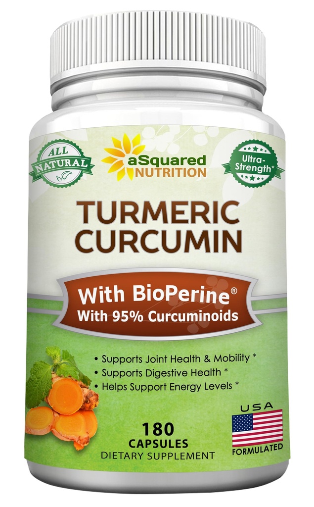 aSquared Nutrition Turmeric Curcumin 1600mg with BioPerine Black Pepper Extract - 180 Capsules with 95% Curcuminoids, 100% Natural Tumeric Root Powder Supplements, Natural Joint Stiffness Relief Pills
