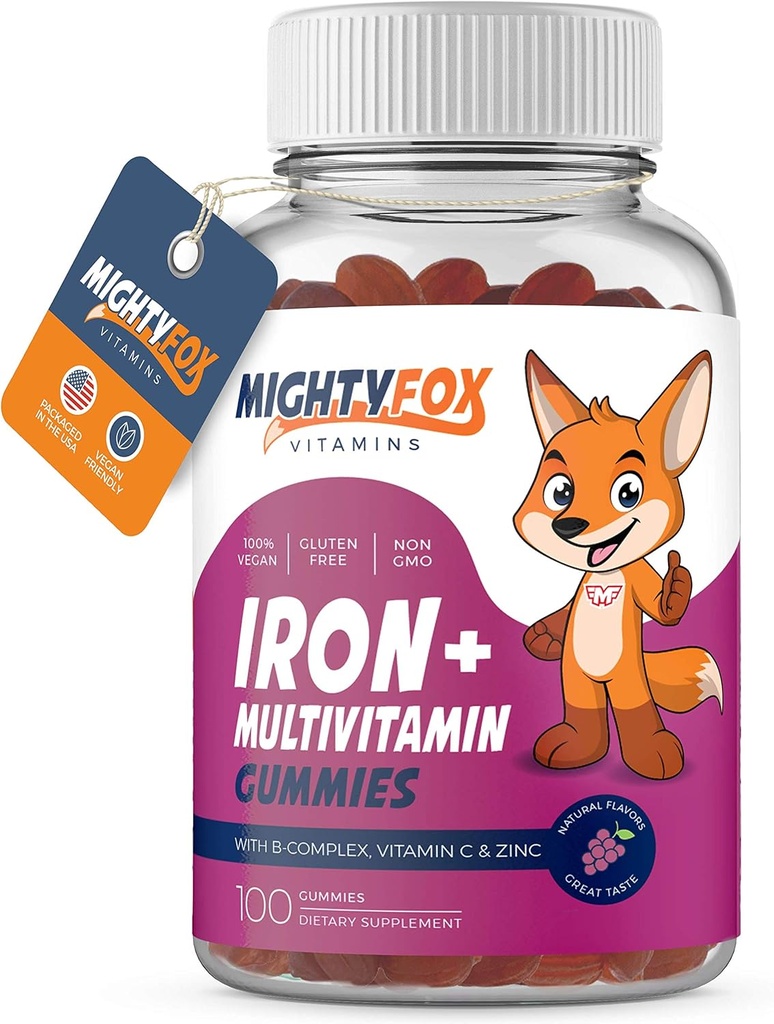 Vitaminas Gummy de Hierro para Niños y Adolescentes – Tapioca Basado - Mejor Tasting - No GMO - Gluten Free - Vegan - Suplemento de Hierro Chewable w/Vitamin A, C, B3, B5, B6, B12, Ácido Fólico, Biotin " Zinc 100ct