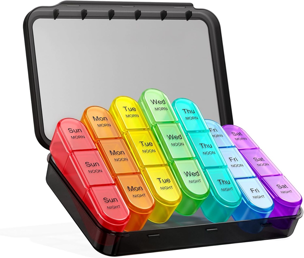 Organizador de píldoras 3X al día - Organizador de píldoras medicinales - Caja semanal de píldoras - Daily Pill Box 7 Day Organizer Container for Vitamins and Medication