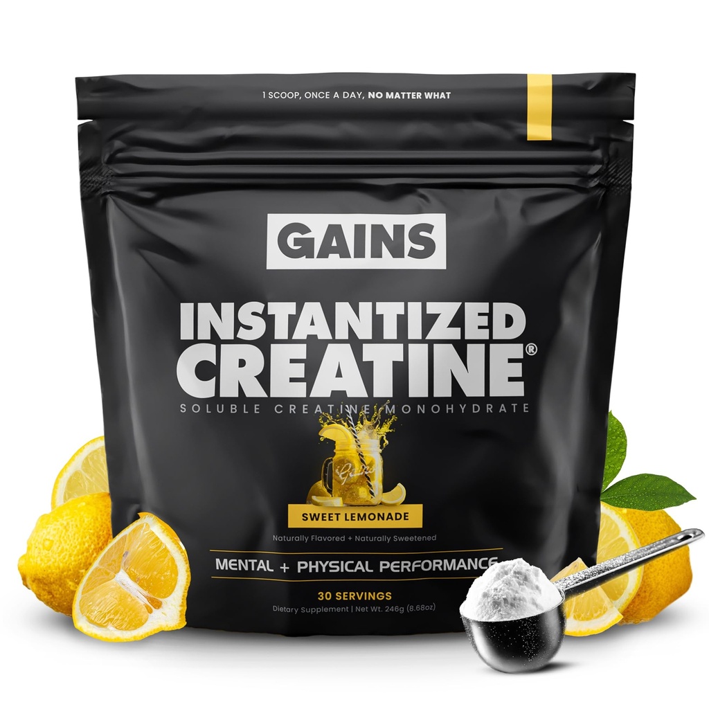 Gains in Bulk Instantized Creatine Monohydrate for Men & Women, Soluble Pre Workout Powder, Supports Muscle Building, Strength and Performance, Bodybuilding Supplements, Sweet Lemonade, 30 Servings