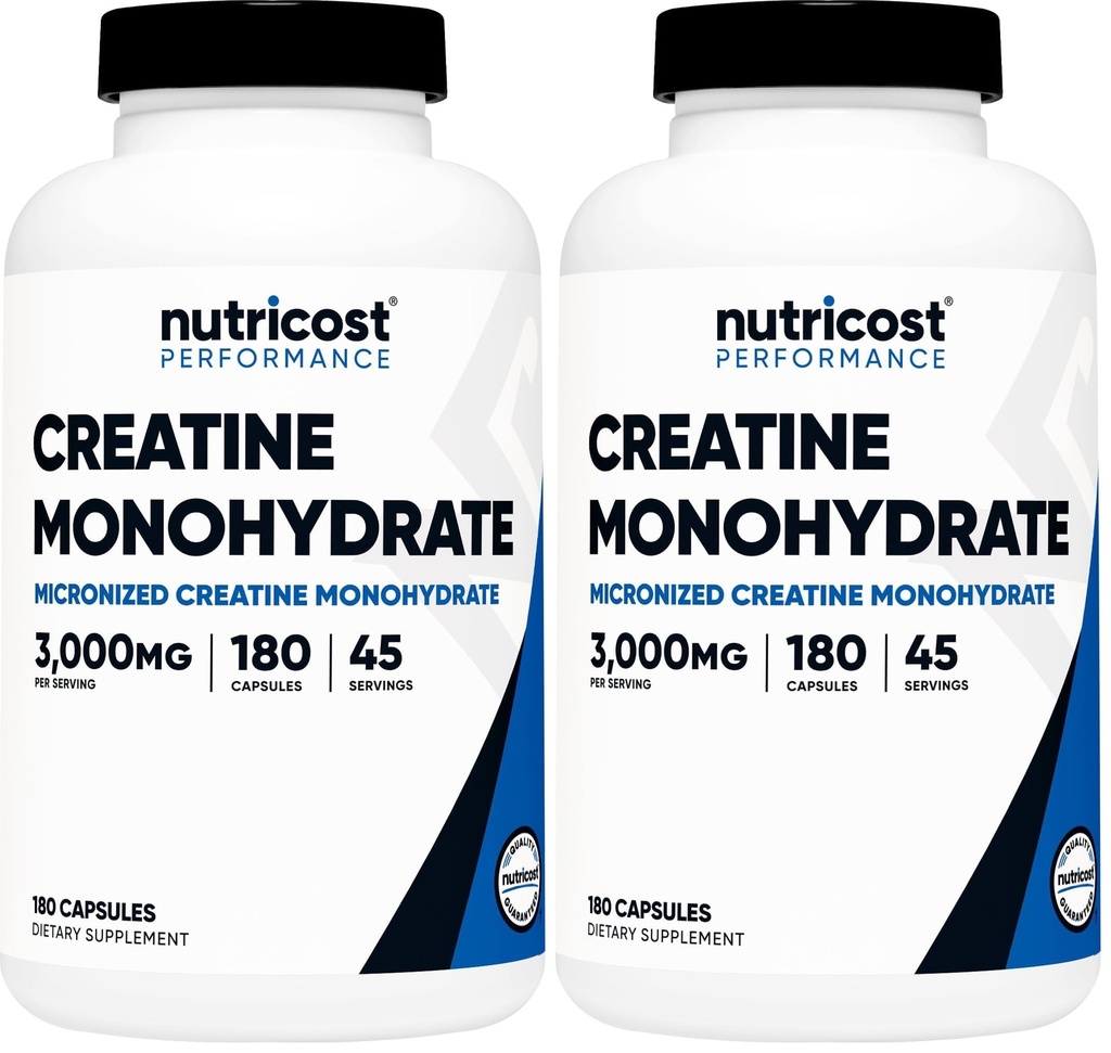 Nutricost Creatine Monohydrate 3000mg, 180 Capsules (750mg Por Capsule) - Gluten Free, Non-GMO (Pack of 2)