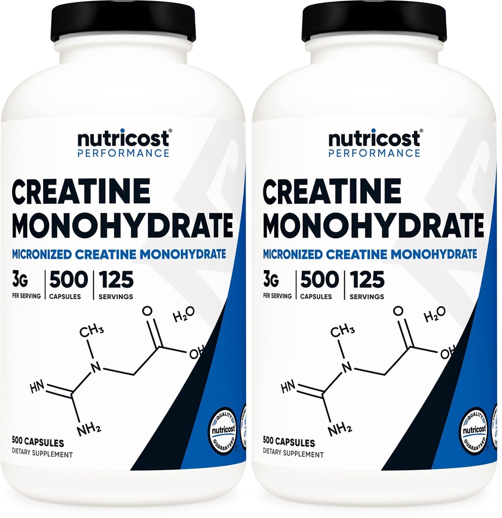Nutricost Micronized Creatine Monohydrate 3000mg 500 Capsules, 125 Servings, 750mg de Creatine Monohydrate Por Capsule (Pack of 2)