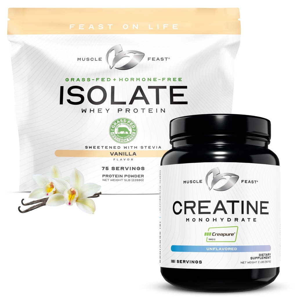 Muscle Feast Creatine Monohydrate & Grass-Fed Whey Isolate Bundle – 2lb Creatine + 5lb Vanilla Whey Isolate – Clean Muscle Growth &amp; Recovery Support