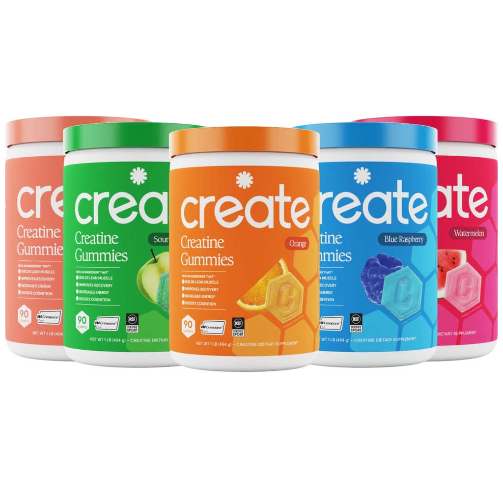 Create Creatine Monohydrate Gummies - High Five Bundle - Sour Peach, Sour Apple, Watermelon, Blue Raspberry & Orange - Creatine Gummies for Women &amp; Men, NSF Certified, 3rd Party Tested, (5-Pack)