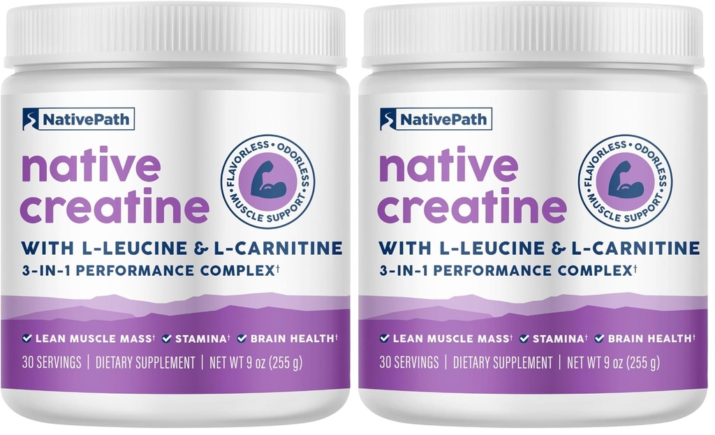 NativePath Creatine Monohydrate Powder con L-Leucine & L-Carnitina - Muscle Building Supplement for Men & Mujer - 30 Servings (Pack of 2)