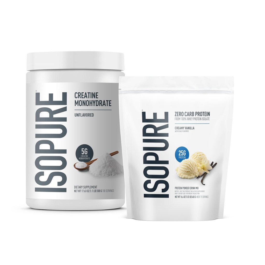 Isopure Bundle of Zero Carb 100% Pure Whey Isolate Protein Powder, Creamy Vanilla, 25g Protein Por Serving, 1 Lb, 14 Servings + Isopure 100% Pure Creatine Monohydrate Powder, 100 Servings