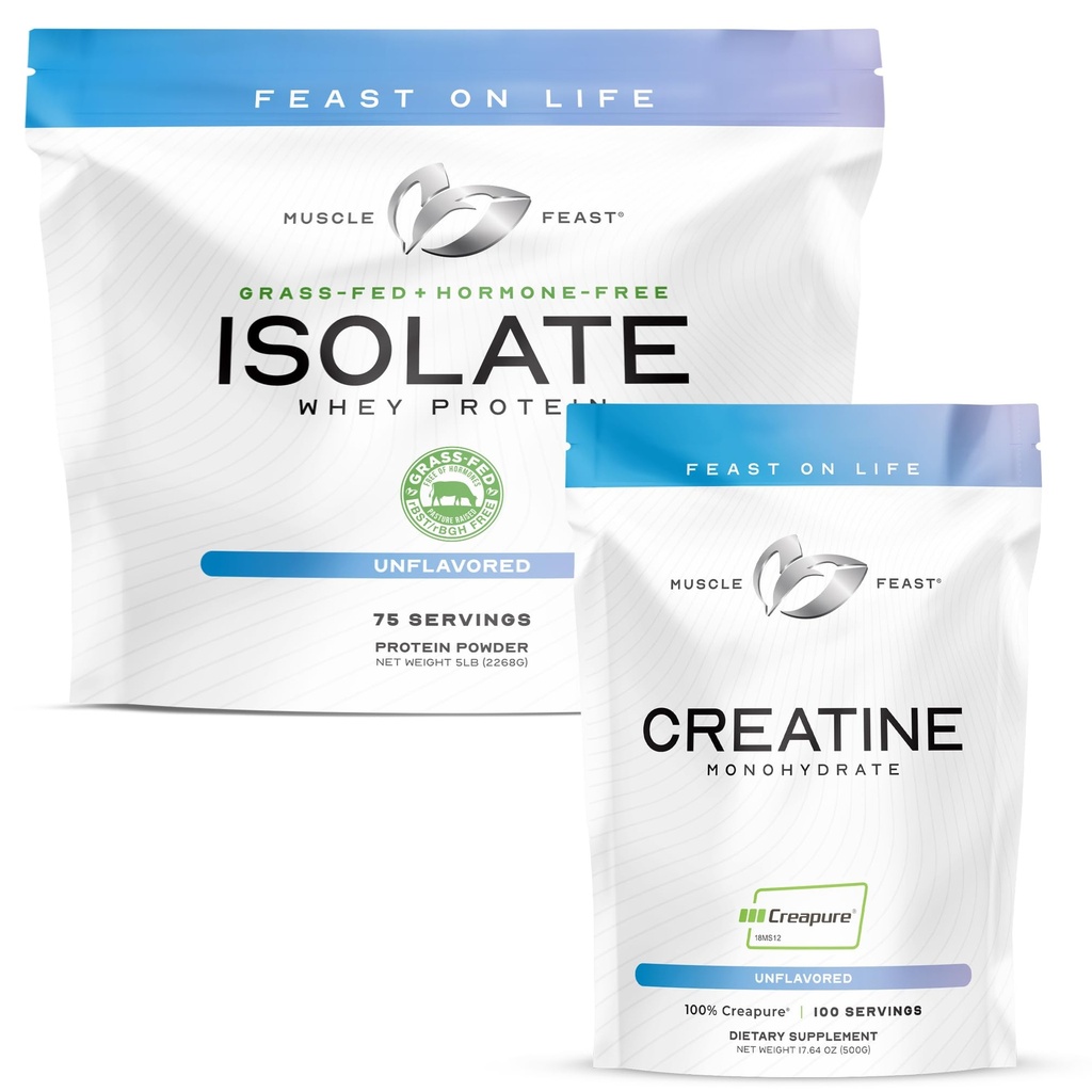 Muscle Feast Creapure Creatine Monohydrate - Unflavored 500g (x1) e Isolate Whey Protein Powder - Unflavored 5lb (x1) - Muscle Recovery and Performance Bundle