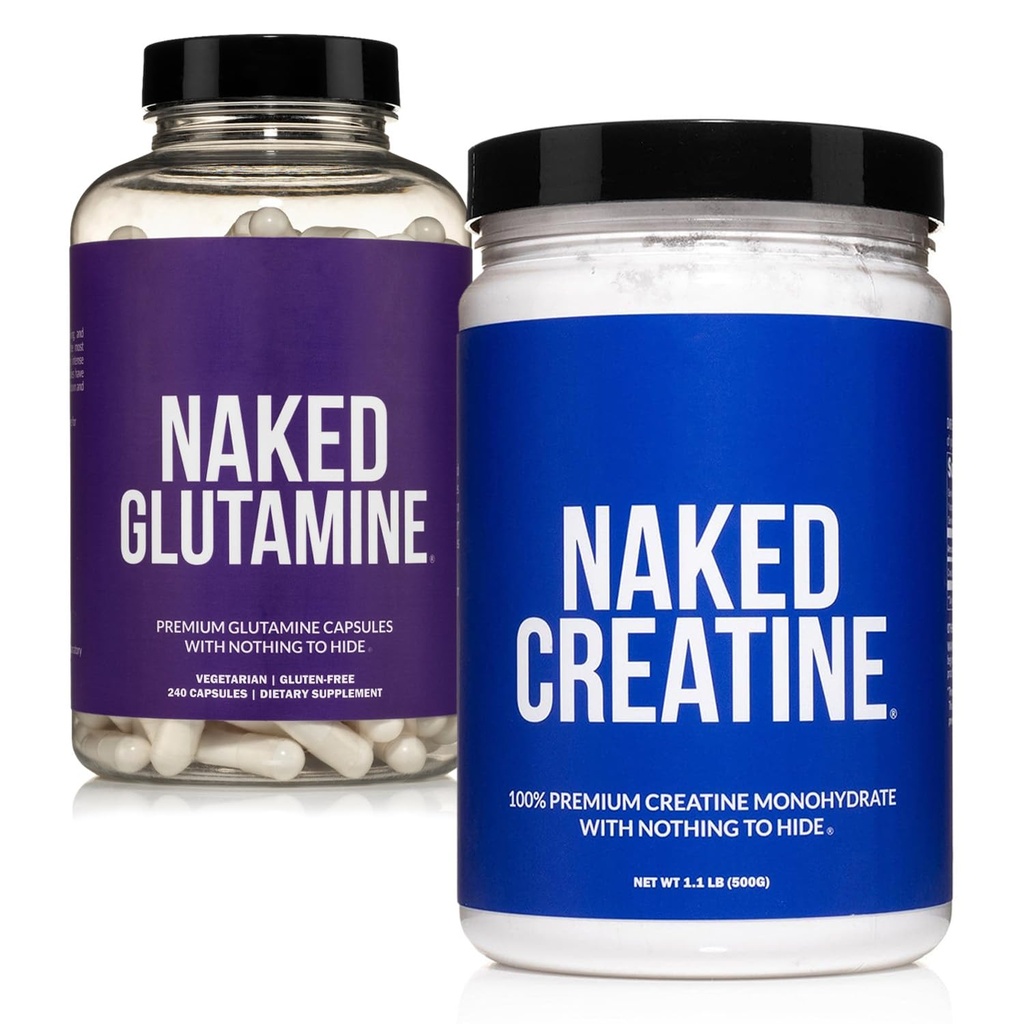 NAKED Puro Monohidrato de Creatina Pura 100 Serviciones + Pura L-Glutamina 240 cápsulas Bundle: Vegan, No-GMO, Gluten Gratis. Minimizar Desglose muscular &amp; Mejorar la síntesis de proteínas. Nada artificial