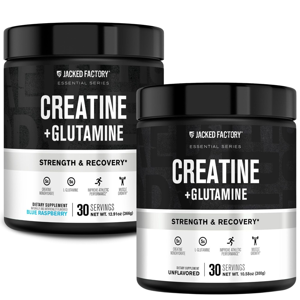 Creatina de la fábrica de Jacked + Glutamina - Suplemento de Creatina con L-Glutamina para la recuperación del músculo, crecimiento muscular, aumento de la fuerza (30 servidumbres, desarmado &amp; 30 servidumbres, frambuesa azul)