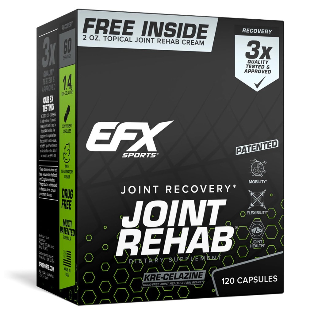 EFX Sports Joint Rehab Recovery Kit ← Funciona gracias a Kre-Celazine® Silencio para la movilidad " Joint Health " Anterior 120 Capsules Kre-Alkalyn Creatine + 2 oz Topical Cream