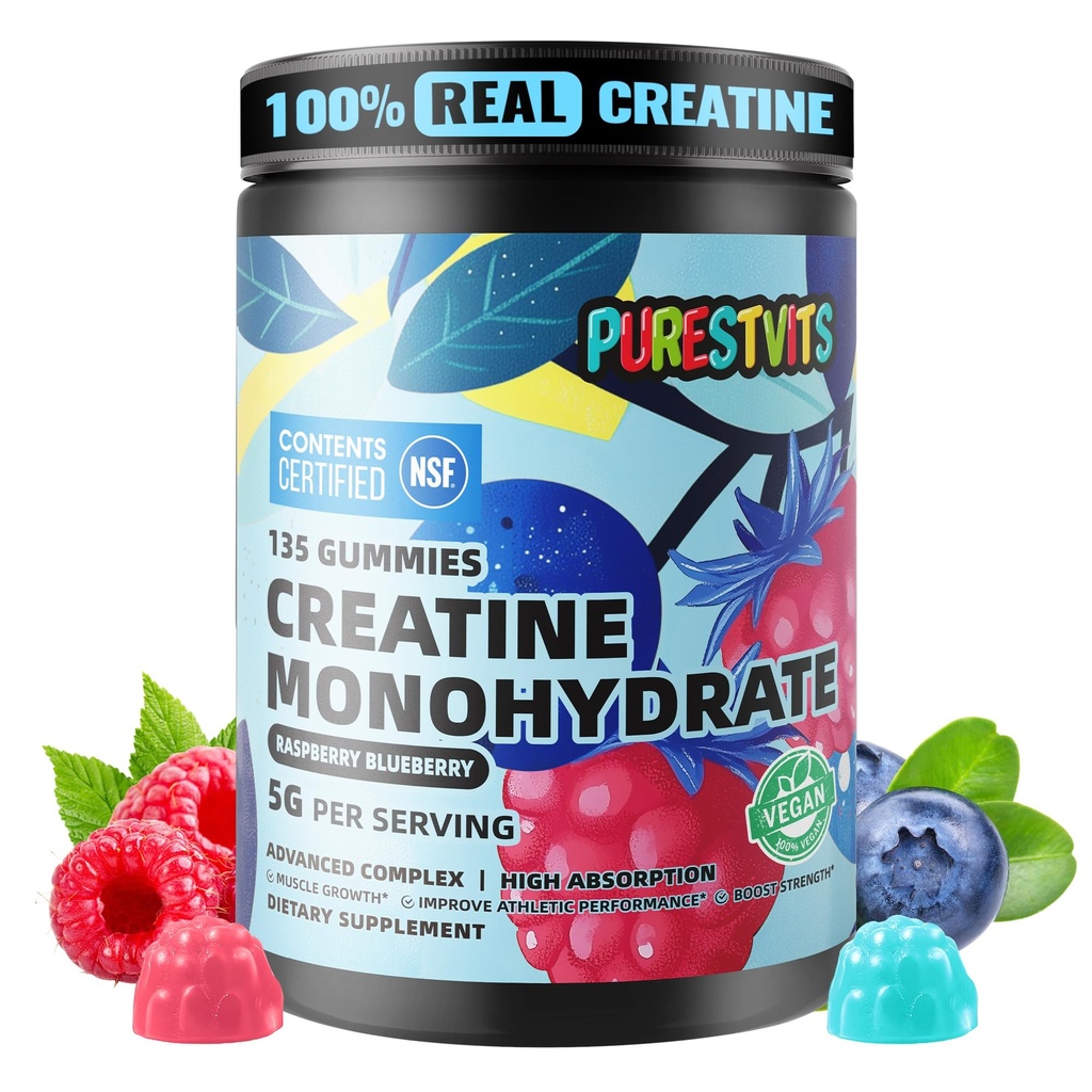 NSF Certified Creatine Gummy 5g - Creatine Monohydrate Gummies – Pre-Workout Energy &amp; Muscle Growth Support for Men &amp; Women ← Blueberry Raspberry Electrolyte Gummies (135 Conde)