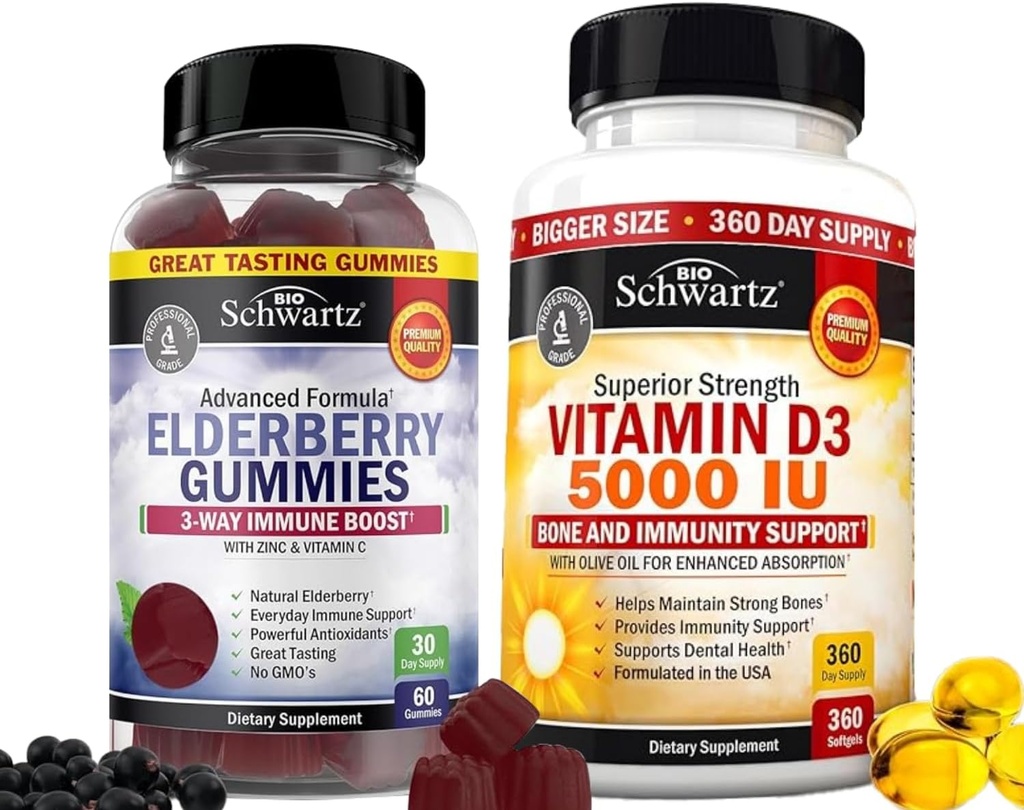 BioSchwartz Gummies de arándano con zinc y vitamina C para adultos Soporte de inmunodeficiencia (1 mes de suministro) más alta vitamina D3 5000 UI 125 mcg (1 año de suministro)