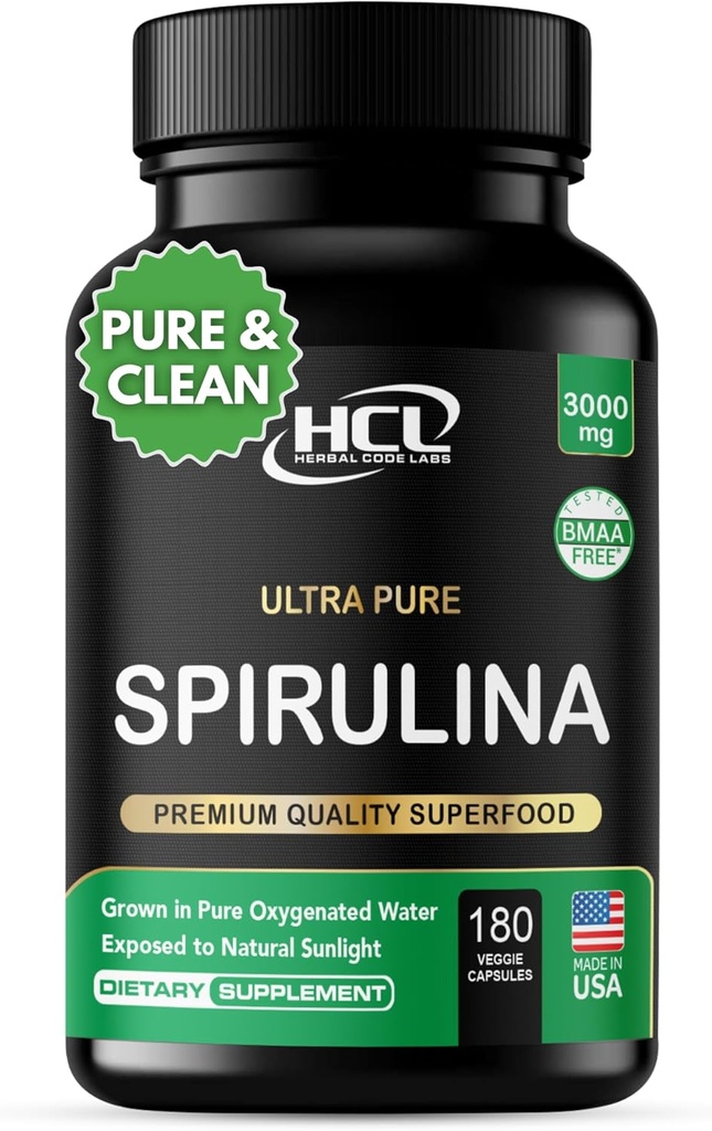 Spirulina Powder capsules 3000 mg - Purest Non-Irradiated Blue Green Algae - Best Raw Vegan Protein - Superfood Verde - Multivitaminas naturales – 180 pastillas hechas en los EE.UU.