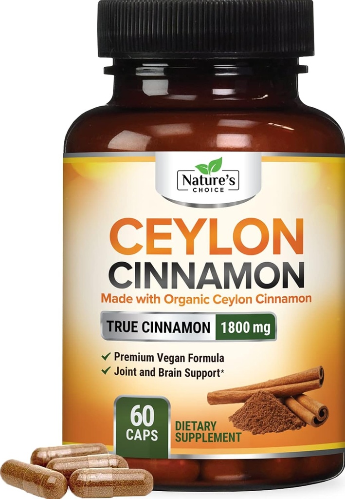 Ceylon Cinnamon Capsules 1800mg - Certified Organic Cinnamon, Bottled in USA, & Pure Extra Strength Ceylon Cinnamon Supplement, Antioxidant Pills, Non-GMO & Gluten Free, Sugar Free - 60 cápsulas